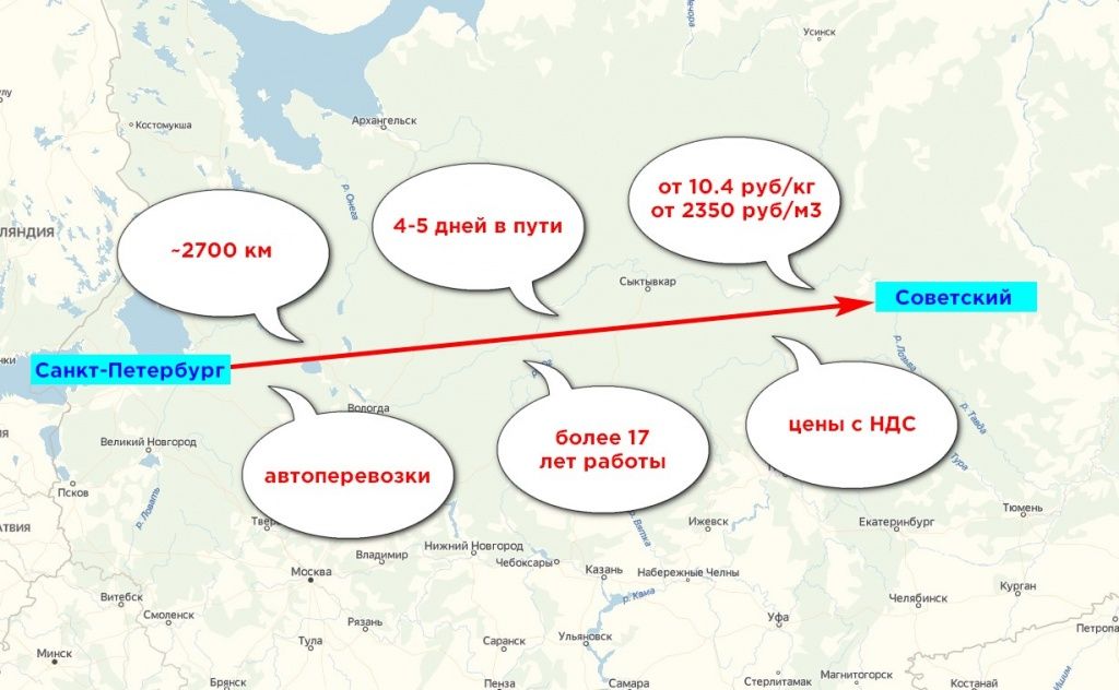 карта грузоперевозки Санкт-Петербург-Советский